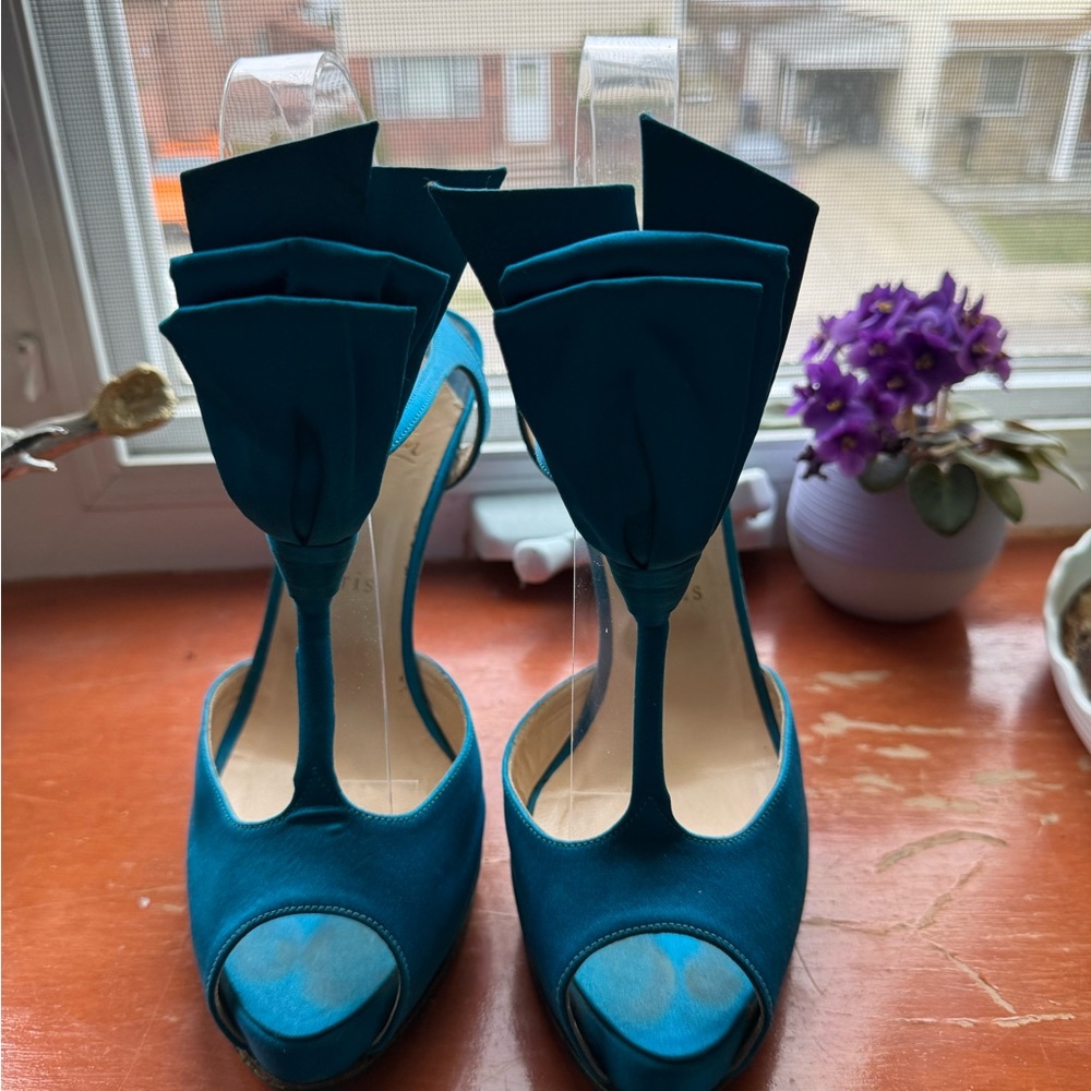 Christian Louboutin Teal Satin T-Strap Peep-Toe Heels with Bow Accent - Women